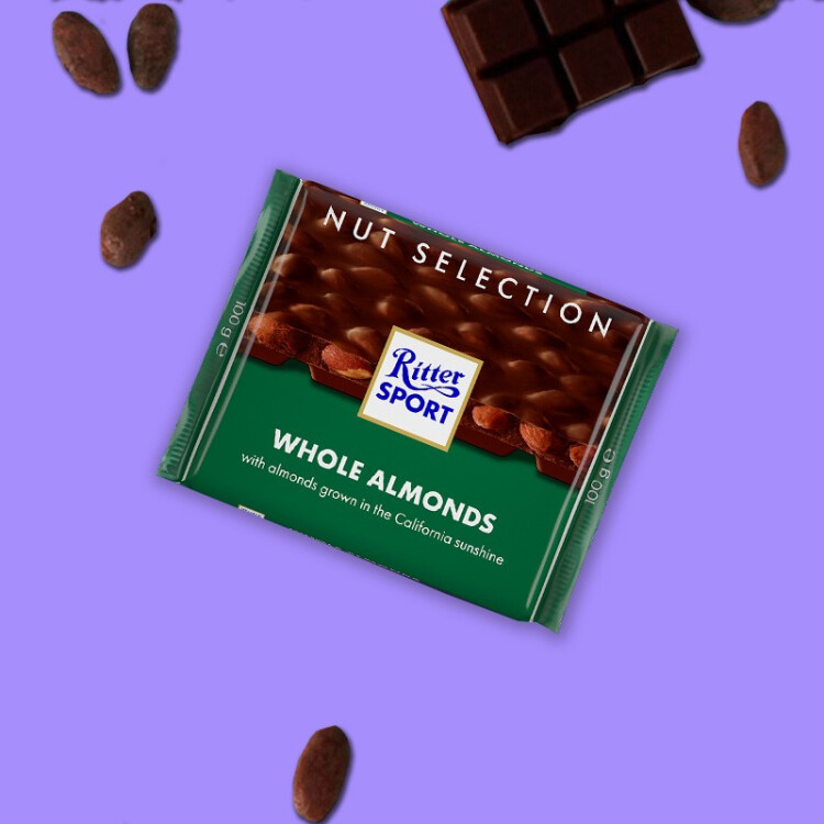 瑞特滋（RITTER SPORT）全扁桃仁牛奶巧克力 休閑零食糖果禮物送男女友德國原產(chǎn) 100g 菜管家商品