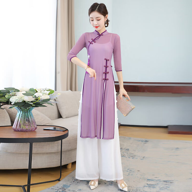 恒潮古典舞蹈服女身韵纱衣长款旗袍练功服中国风民族舞演出服烟紫 单上衣 S 图片价格品牌评论 京东