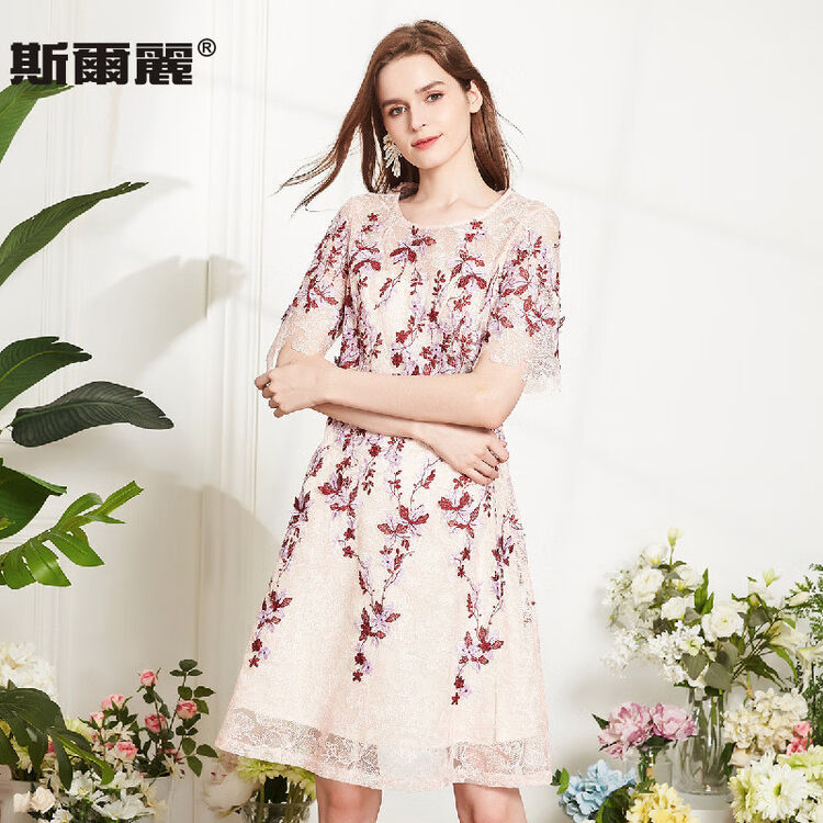 斯尔丽瑟俪 高端 春夏清新淡雅气质连衣裙粉底紫花l 图片价格品牌评论 京东