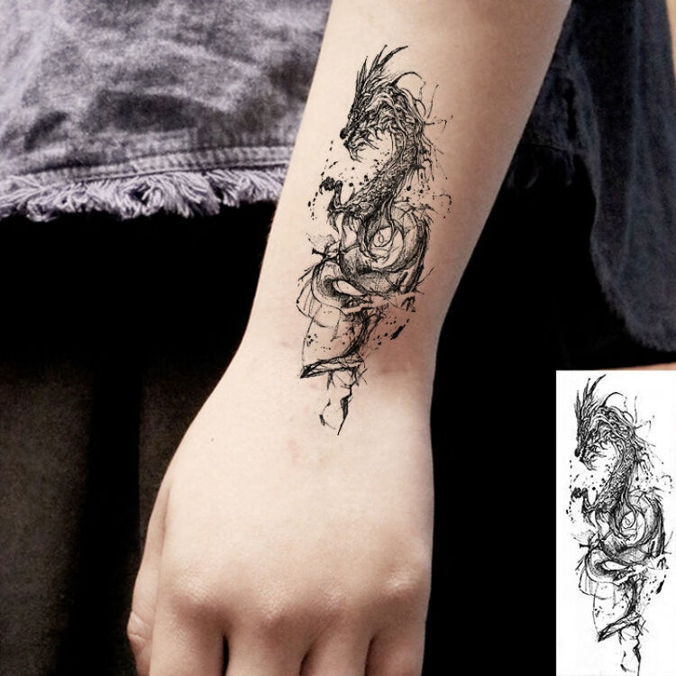 秋江月暗黑色线条青龙苍龙纹身贴纸防水男女款胸背龙图腾花臂刺青贴一张 图片价格品牌评论 京东