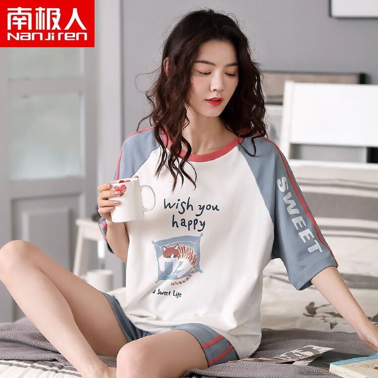 南极人可爱小懒猫女士睡衣女纯棉春夏休闲短袖宽松舒适女士家居服女可外穿睡衣睡裤套装l 图片价格品牌评论 京东