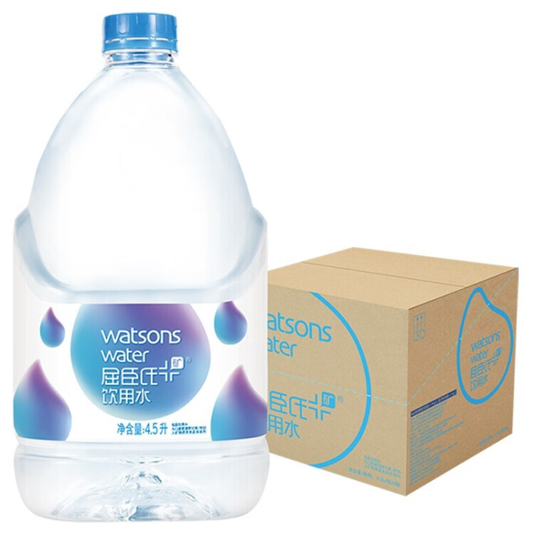 屈臣氏（Watsons）饮用水105℃高温蒸馏（添加矿物质）百年水家庭饮水推荐4.5L*4桶 光明服务菜管家商品 