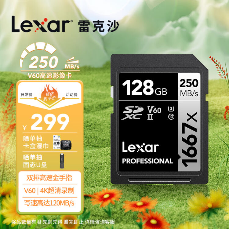 雷克沙（Lexar）128GB SD存储卡U3 V60 4K数码相机内存卡读250MB/s 写 