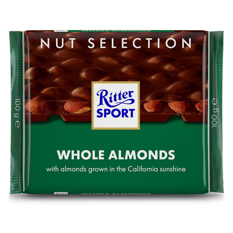 瑞特滋（RITTER SPORT）全扁桃仁牛奶巧克力 休閑零食糖果禮物送男女友德國原產(chǎn) 100g 菜管家商品