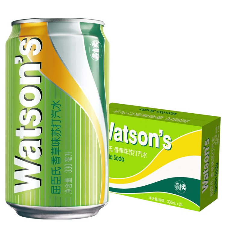 屈臣氏（Watsons）苏打汽水 香草味 低糖0脂低卡 气泡饮料 调酒推荐 330ml*24罐 光明服务菜管家商品 