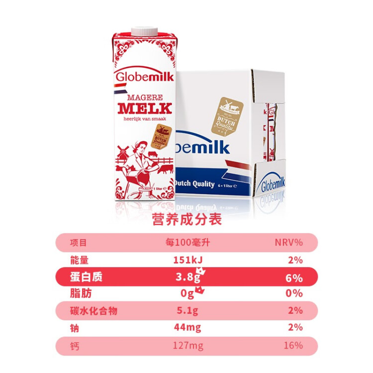 荷高（Globemilk）荷蘭原裝進(jìn)口 3.8g優(yōu)乳蛋白脫脂純牛奶 1L*6 年貨送禮 高鈣0脂肪 菜管家商品