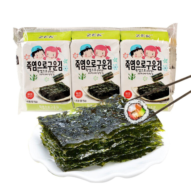 Zek韩国进口 竹盐海苔紫菜包饭寿司即食烤海苔 儿童零食 5g*3包 光明服务菜管家商品