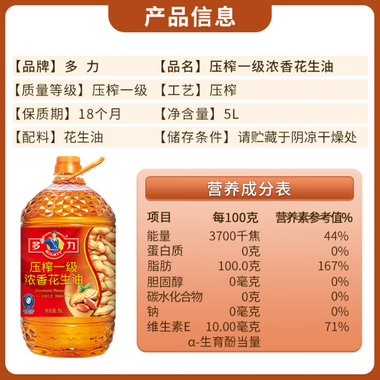 多力【張若昀同款】壓榨一級(jí)濃香花生油5L 食用油 光明服務(wù)菜管家商品