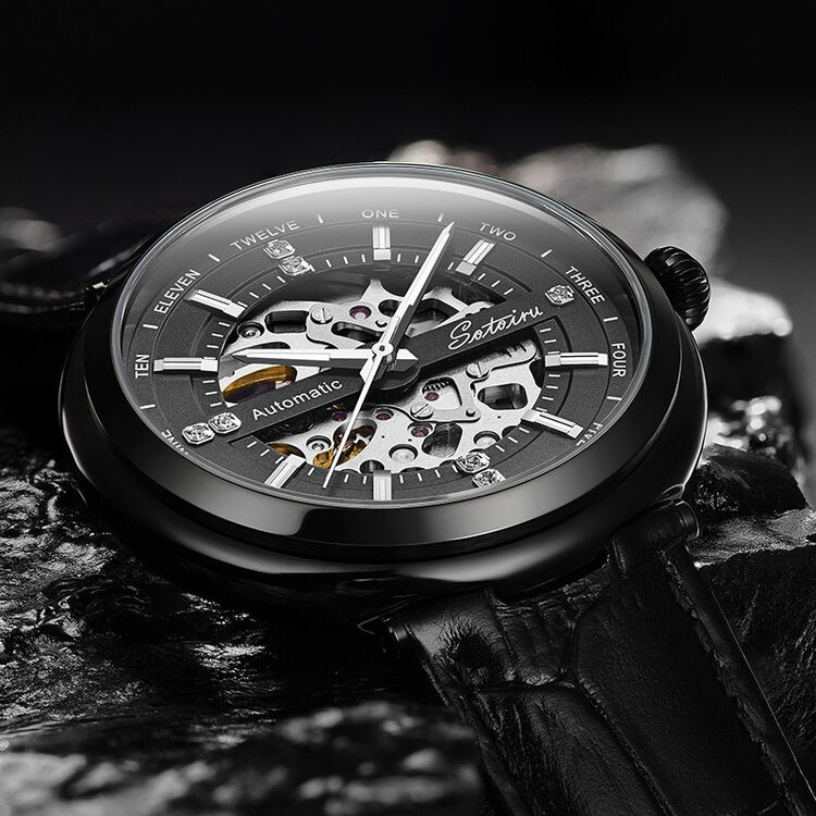 圣缇斯sotoiru手表男手表女潮流全镂空情侣表黑色个性炫酷皮带全自动