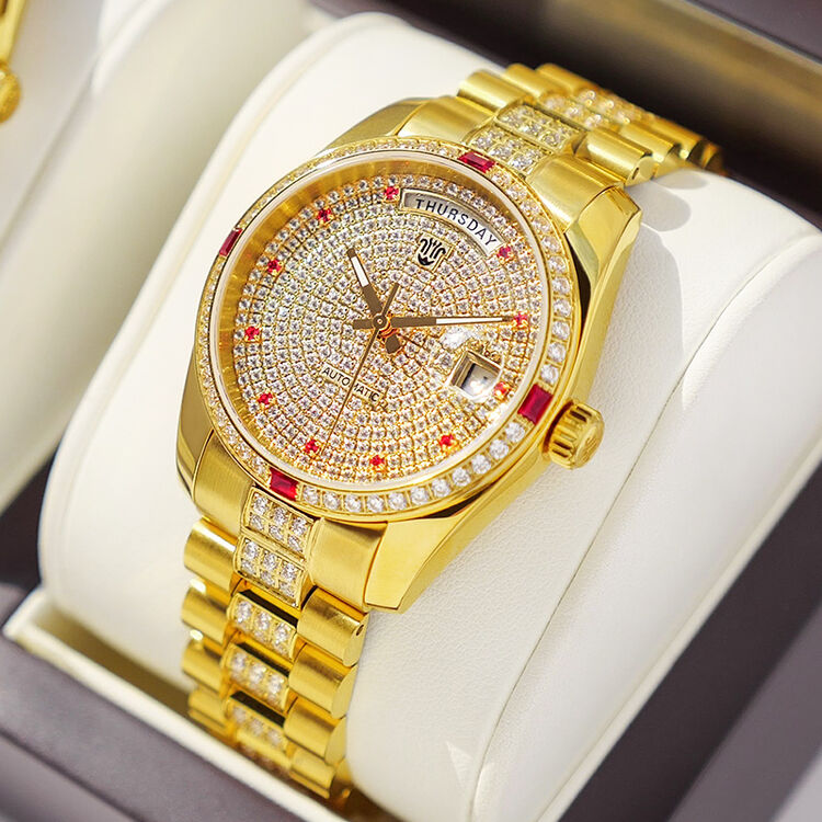 欧力派olipai品牌男士手表男全自动机械表满天星双历镀金镶钻工艺金色