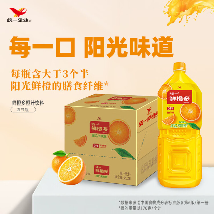 统一 鲜橙多 2L*6瓶 整箱装 橙汁饮料 （新老包装随机发货） 光明服务菜管家商品