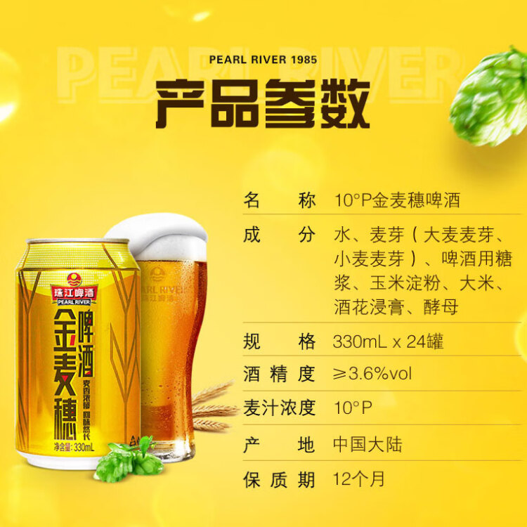 珠江啤酒（PEARL RIVER）10度 珠江金麦穗啤酒 330ml*24听 整箱装 年货送礼 光明服务菜管家商品