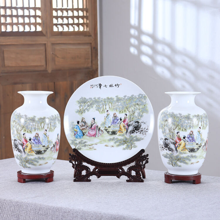 悦灵美景德镇陶瓷花瓶摆件客厅酒柜瓷器装饰品摆件三件套新中式家居瓷器