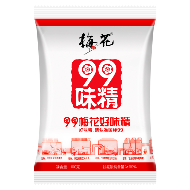 梅花99味精 玉米提煉99% 家庭裝提味增鮮調(diào)味料 100g/袋 梅花集團(tuán)出品 光明服務(wù)菜管家商品