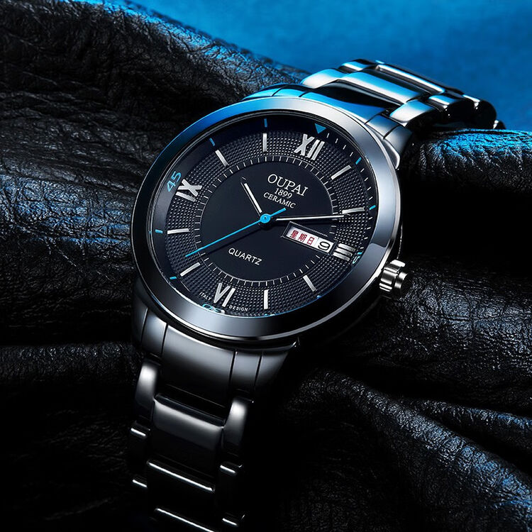 欧派2021新款黑色陶瓷手表石英男运动双日历简约经典男表防水夜光星期
