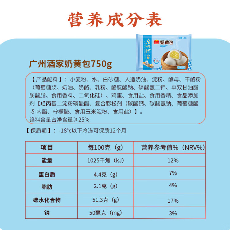 广州酒家利口福 奶黄包750g 20个 儿童早餐 早茶点心 包子家庭装 菜管家商品