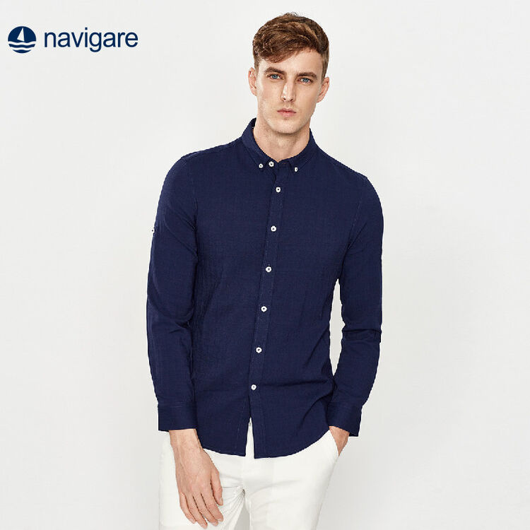 纳维凯尔navigare意大利小帆船新款休闲方领修身长袖纯色男士衬衫藏青