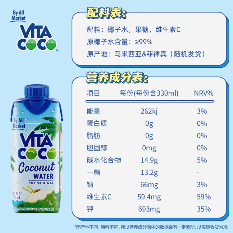 唯他可可（Vita Coco）椰子水椰汁饮料年货 低糖低卡富含电解质 原装进口果汁330ml*12瓶 菜管家商品 商品图