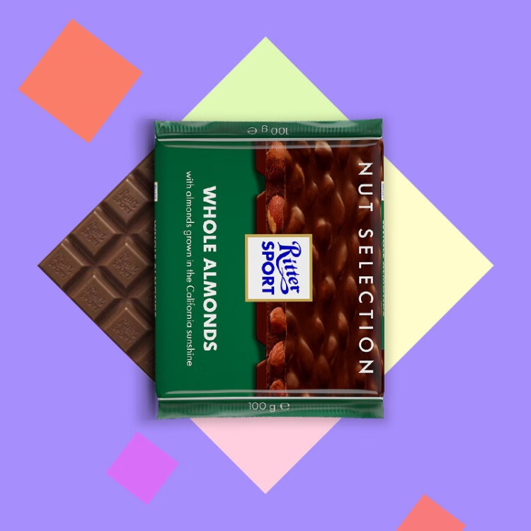 瑞特滋（RITTER SPORT）全扁桃仁牛奶巧克力 休閑零食糖果禮物送男女友德國原產(chǎn) 100g 菜管家商品