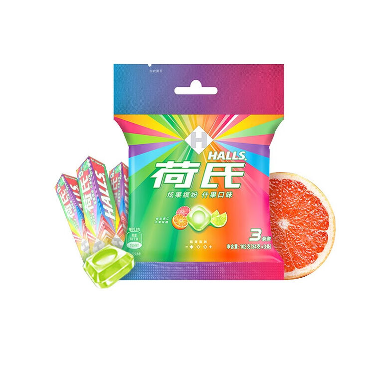 荷氏halls 维c糖果 什锦水果口味 薄荷糖糖果 三条装102g(新老包装