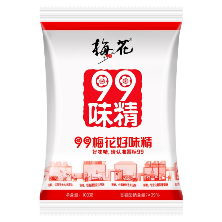 梅花99味精 玉米提煉99% 家庭裝提味增鮮調(diào)味料 100g/袋 梅花集團(tuán)出品 光明服務(wù)菜管家商品