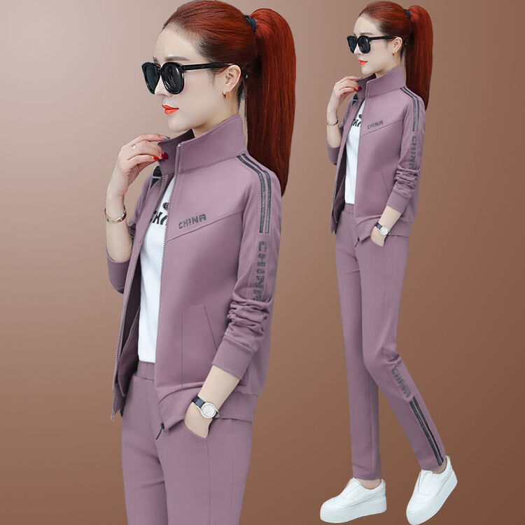 XWDKQ 中年女士秋季大码女装运动休闲套装休闲运动服套装女2022春秋新款韩版时尚洋气大码宽 AF02胭脂粉【上衣+裤子】 两件套 M ...