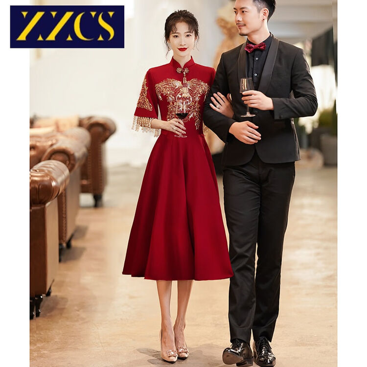 ZZCS礼服敬酒服新娘2023新款酒红色回门中式秀禾服结婚礼服女小个子 酒红色中长款 XS【图片 价格 品牌 评论】-京东
