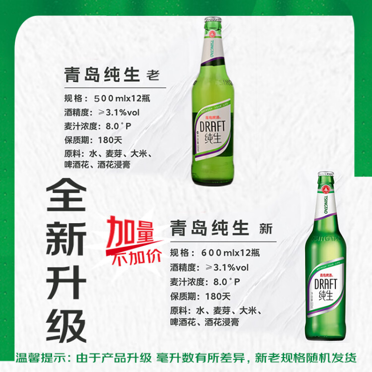 青島啤酒（TsingTao）純生8度600ml*12瓶 整箱 新老包裝隨機(jī)發(fā)貨 菜管家商品