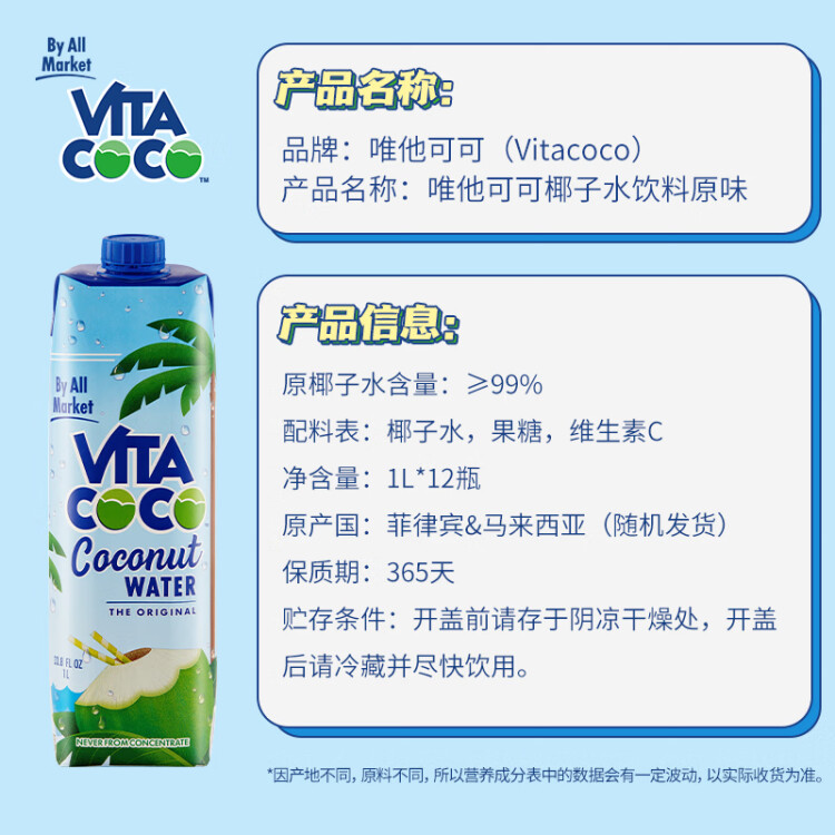 唯他可可（Vita Coco）椰子水椰汁夏季飲料 低糖低卡富含電解質  原裝進口果汁1L*12瓶 菜管家商品