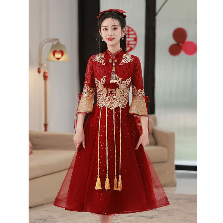 塞德勒(SAIDELE)敬酒服新娘2023新款夏季结婚中式红色旗袍礼服裙秀禾服高端大气 酒红色中长款 XS(建议75-85斤)【图片 价格 ...