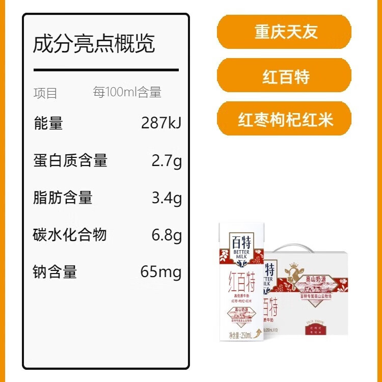 天友 紅百特牛奶250ml*12盒（禮盒裝）紅棗枸杞紅米 營養(yǎng)早餐奶 光明服務菜管家商品