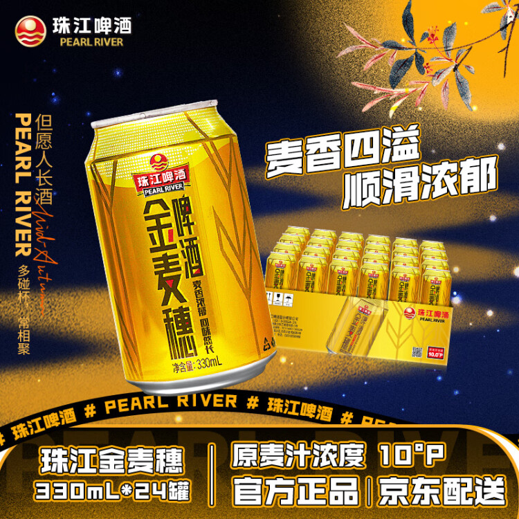 珠江啤酒（PEARL RIVER）10度 珠江金麦穗啤酒 330ml*24听 整箱装 年货送礼 光明服务菜管家商品