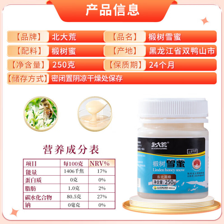 北大荒 东北黑蜂 1918地标认证 椴树雪蜜 纯蜂蜜250g 送父母长辈 光明服务菜管家商品