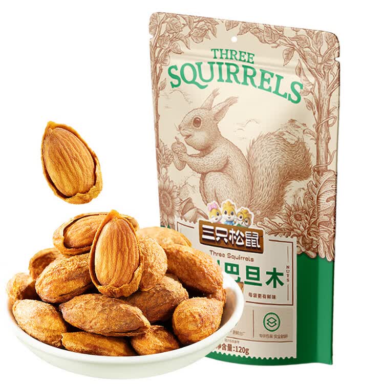三只松鼠手剥巴旦木 每日坚果干果炒货休闲零食扁核桃120g/袋 菜管家商品