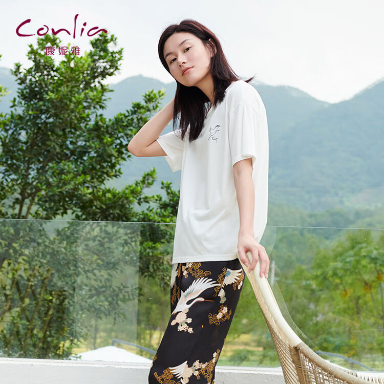 康妮雅春夏新品仙鹤花女式梭织短袖长裤套头套装睡衣家居服薄03黑色m