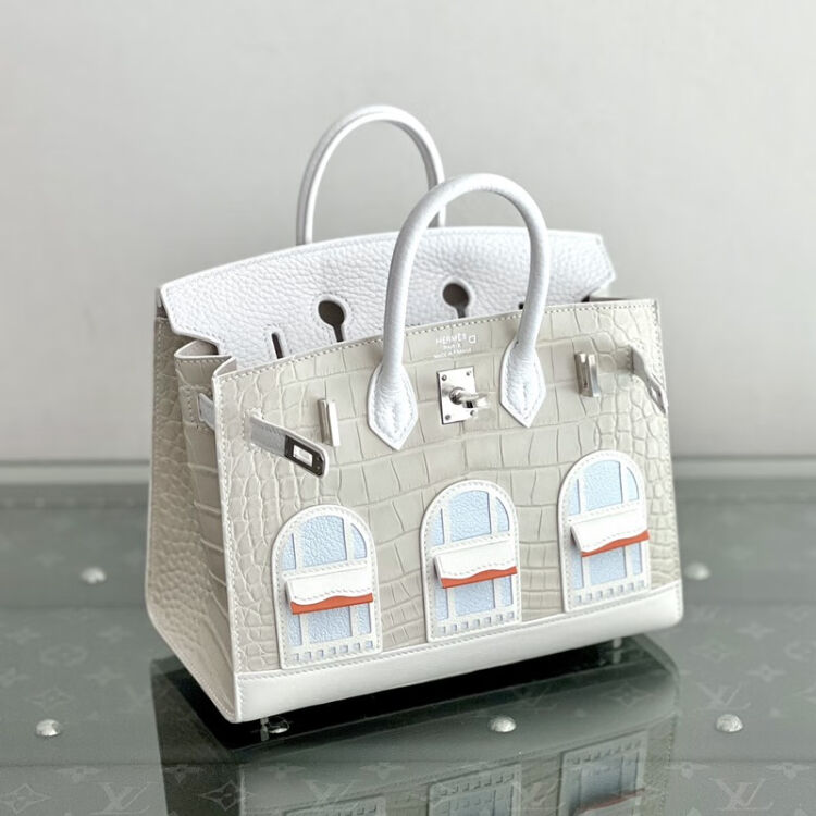 二手99新】未使用爱马仕（Hermes）BIRKIN20白房子银扣方块鳄鱼皮Z刻