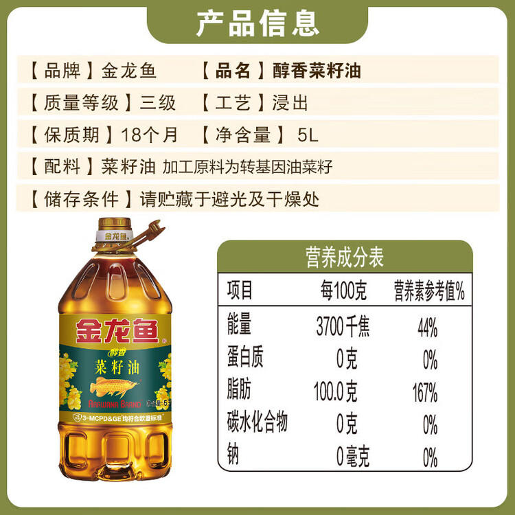 金龙鱼 食用油【保真菜籽油】醇香（纯香）菜籽油5L(新老包装交替发货) 菜管家商品