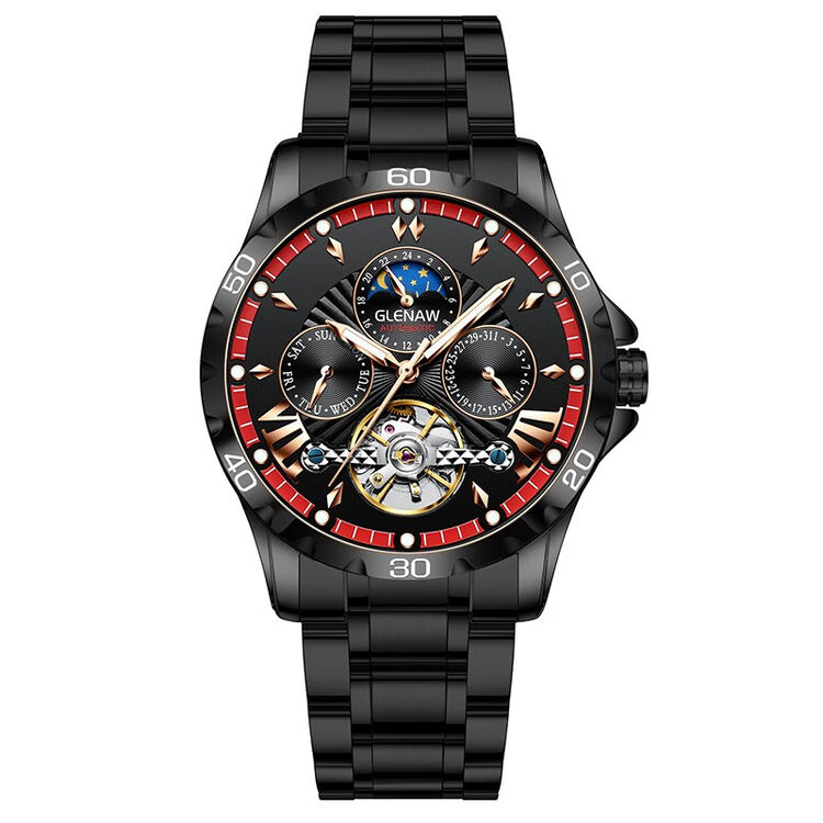 格伦品牌手表男机械表全自动镂空潮流男表时尚飞轮男士手表夜光防水多