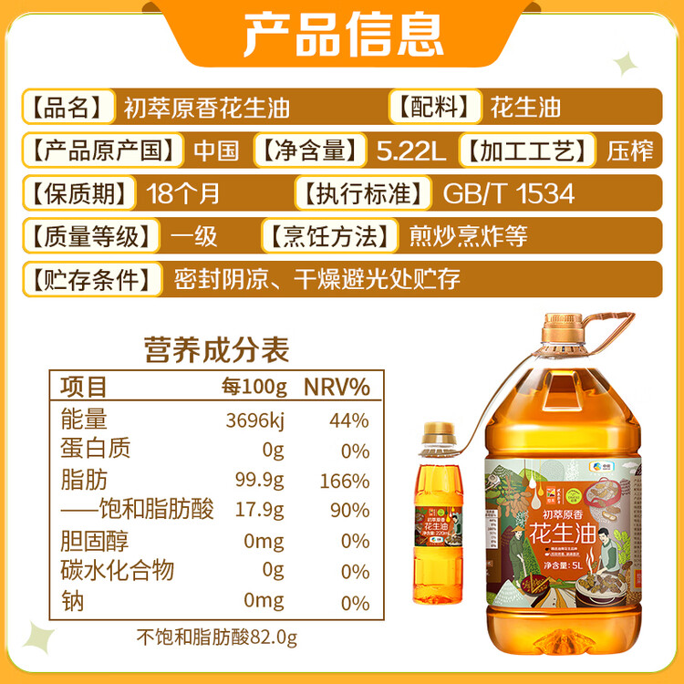 初萃【保真花生油】中粮 花生油5L+220mL 一级 物理压榨 食用油 菜管家商品