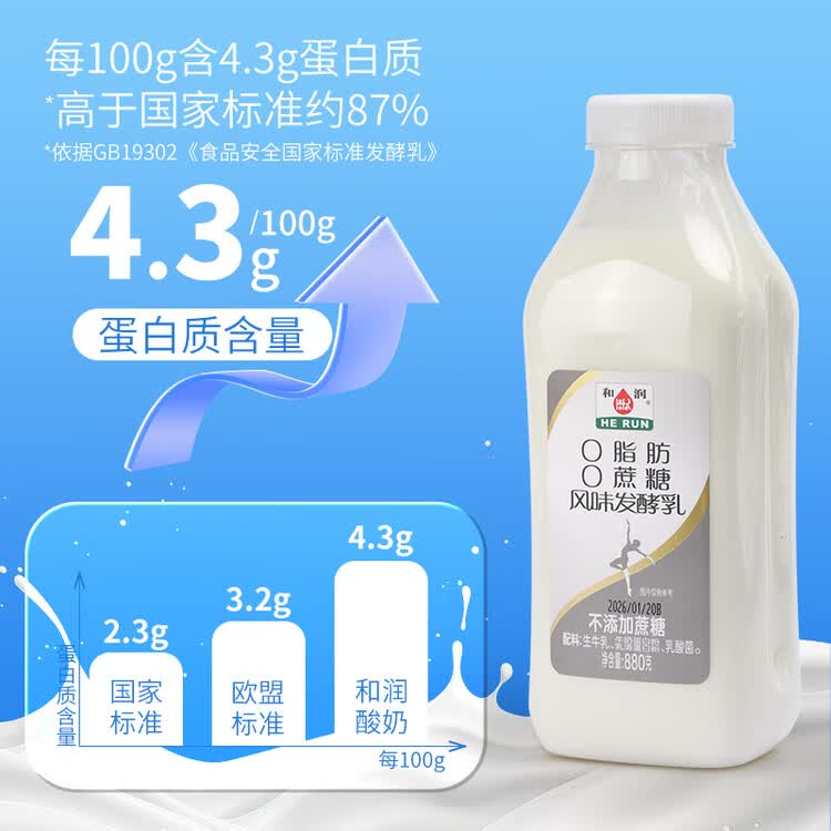 和润O脂肪O蔗糖酸奶880g*1瓶 脱脂无蔗糖 低温酸奶 酸奶碗 菜管家商品