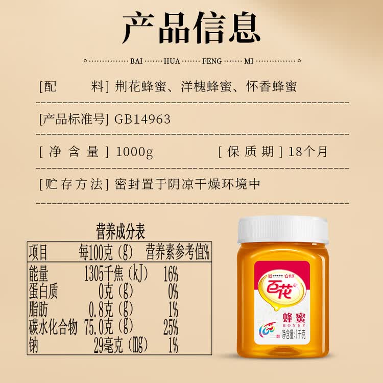 百花蜂蜜1000g 百花蜜中华老字号 早餐牛奶麦片伴侣 冲饮 节日礼品   菜管家商品