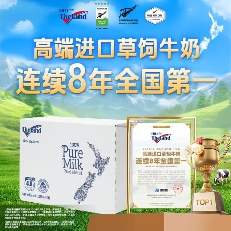 纽仕兰新西兰草饲4.0g蛋白高钙全脂纯牛奶100%生牛乳250ml*24盒端午送礼 菜管家商品