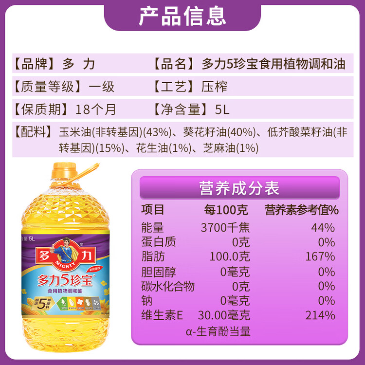 多力非转基因5珍宝食用植物调和油5L 清香型 植物油 菜管家商品