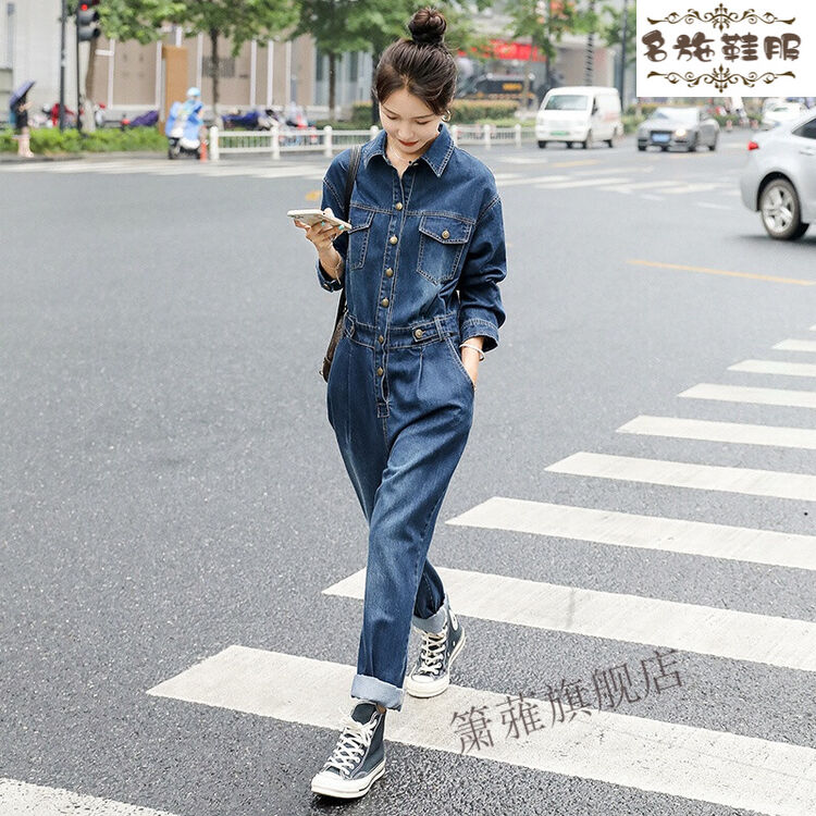 春夏必备 牛仔连体裤套装女工装牛仔连体裤女春秋2022新款时尚洋气减龄宽松连衣裤套装感 牛仔蓝 M【图片 价格 品牌 评论】-京东