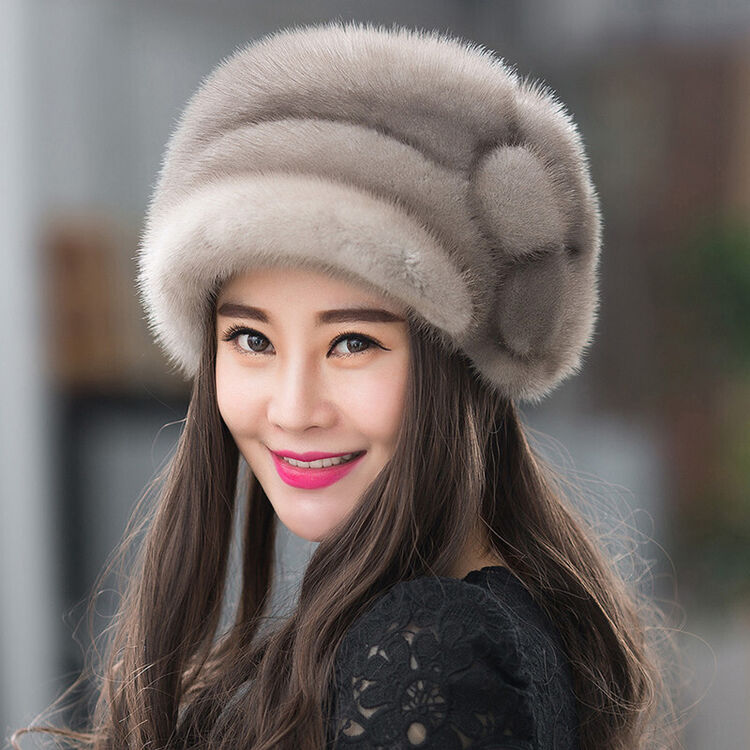 新款冬季保暖水貂毛帽子女士整貂皮草鸭舌帽子冬天裘皮水貂毛护耳女帽