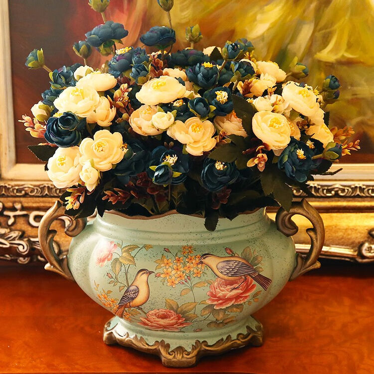 欧式陶瓷花瓶创意摆件客厅装饰品复古美式仿真干花大号插花器花艺碧色羞花大号蓝白玫瑰花花艺 图片价格品牌评论 京东