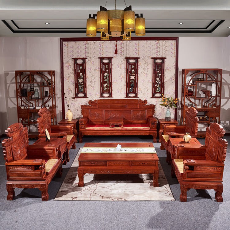 琪梦红木家具缅甸花梨学名大果紫檀明清古典实木沙发七件套财源滚滚