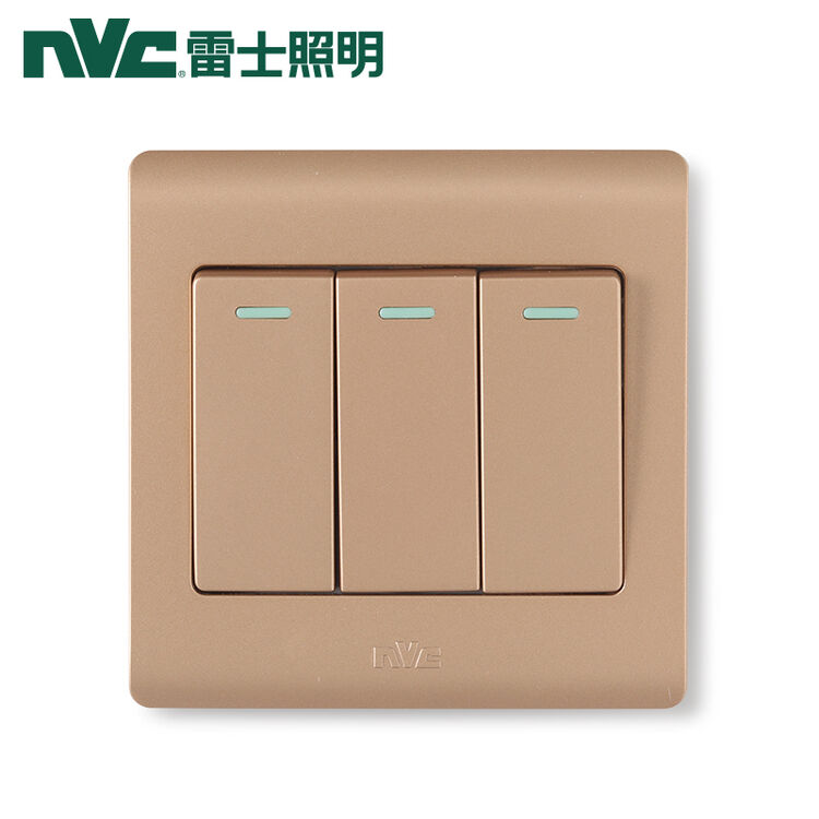 雷士nvc开关插座三开单控带荧光86型插座面板质感中板香槟金
