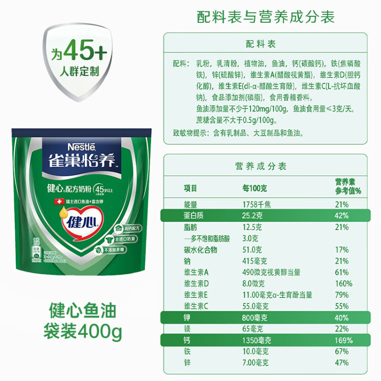 雀巢（Nestle）怡養(yǎng)健心魚油中老年奶粉400g高鈣成人奶粉 送禮送長輩 菜管家商品