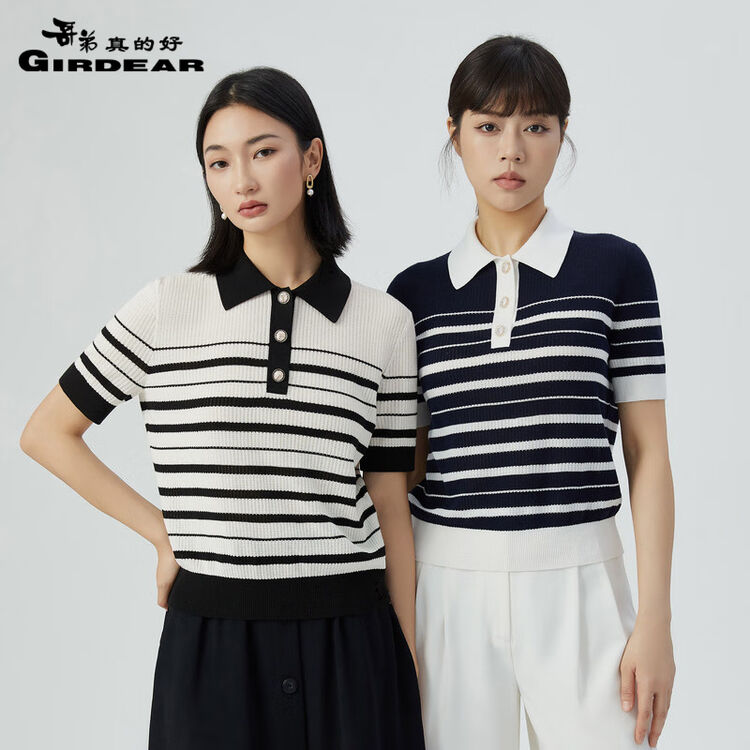 哥弟真的好女装2023夏季新款复古拼色条纹纯棉短袖Polo针织衫女T恤A301198 黑白 S(2码)【图片 价格 品牌 评论】-京东